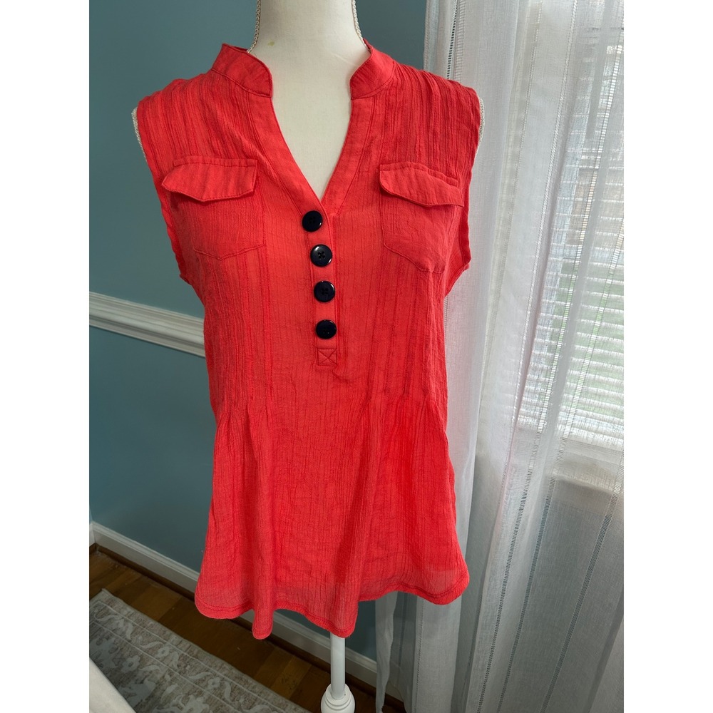 Cacomo Womens Coral Red Sleeveless Crinkle Textured Button Front Blouse Large